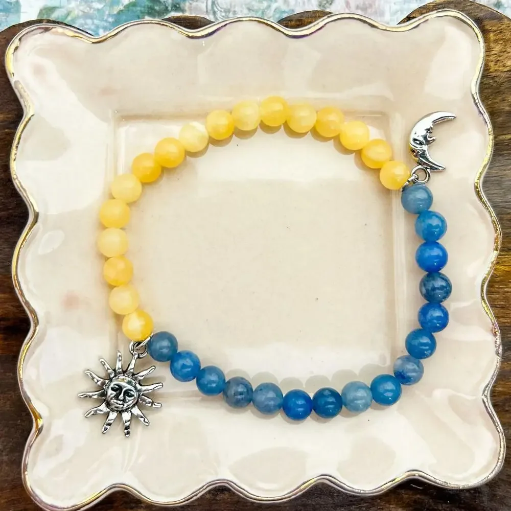 Sun Moon Bracelet Blue Aventurine Yellow Jade Stretch Beaded Celestial Jewelry